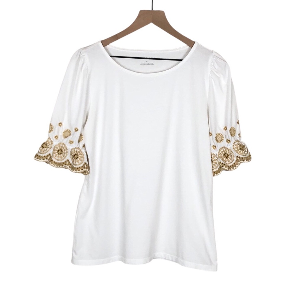 Talbots Knit Top Embroidered Puff Sleeve Scoop Neck